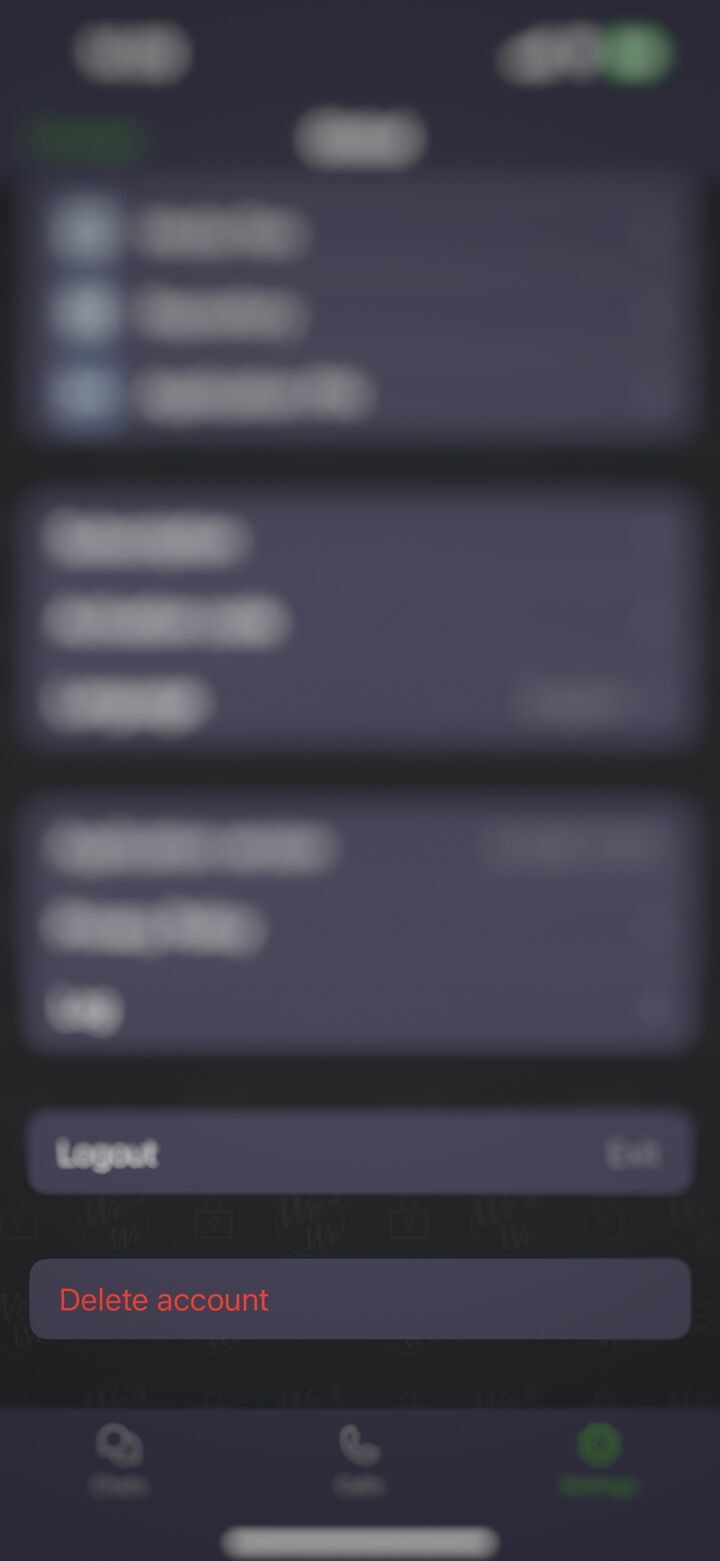 WeWe3 settings screen with the Delete account button